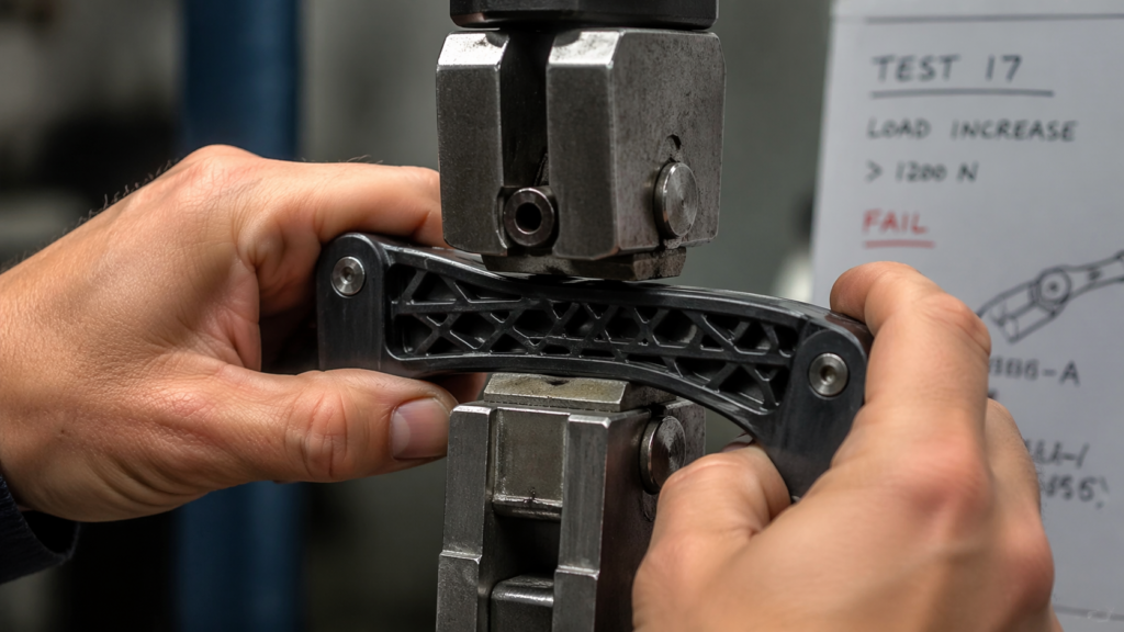 Engineer evaluating early-stage product prototype for manufacturability, cost efficiency, and real-world performance in a workshop setting