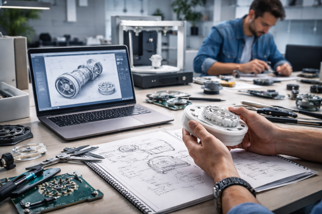 First-time product founder and a contract manufacturing engineer at a desk reviewing a printed manufacturing quote beside an early 3D-printed prototype and a CAD drawing.
