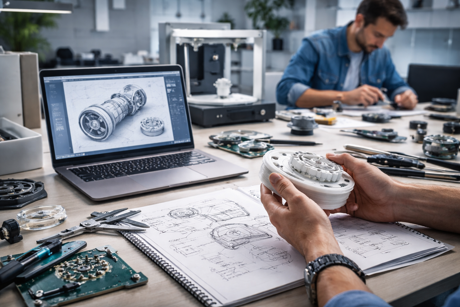 First-time product founder and a contract manufacturing engineer at a desk reviewing a printed manufacturing quote beside an early 3D-printed prototype and a CAD drawing.