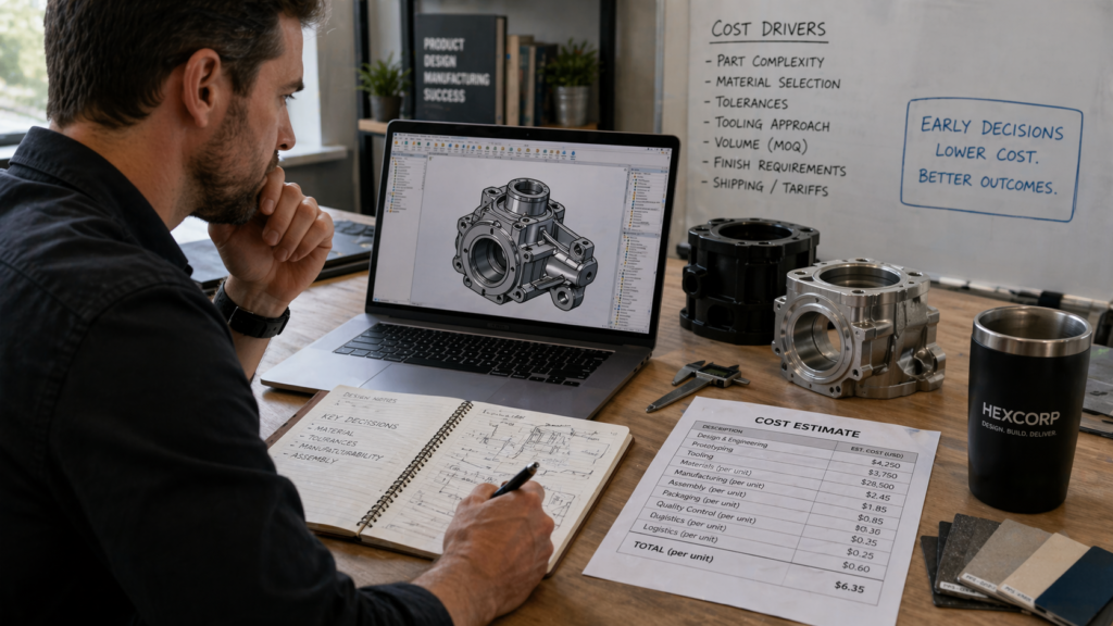 Product engineer reviewing a development budget spreadsheet at a workshop bench beside a physical prototype and CAD sketches.